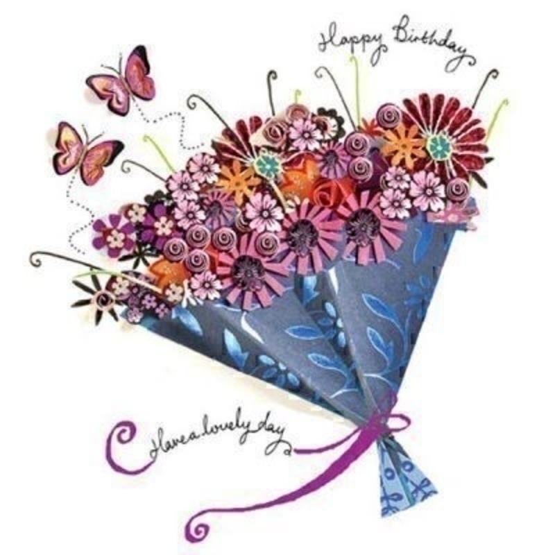 Beautiful card by Artisan featuring a flower bouquet and butterflies. The vibrant mix of colours and embossing effect on the illustration really makes it stand out from the background. Provided by paper Rose a purple envelope is included and the message i